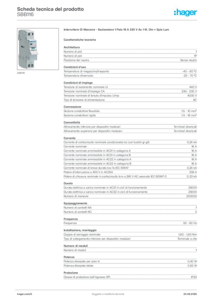 Immagine Hager Scheda tecnica del prodotto SBB116 | Hager Italia