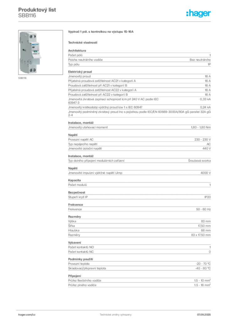 Obrázek Hager Produktový list SBB116 | Hager