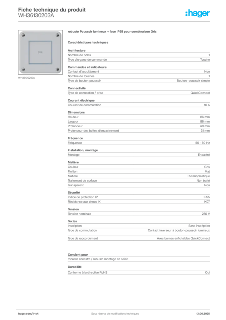 Image Hager Fiche technique du produit WH36130203A | Hager Suisse