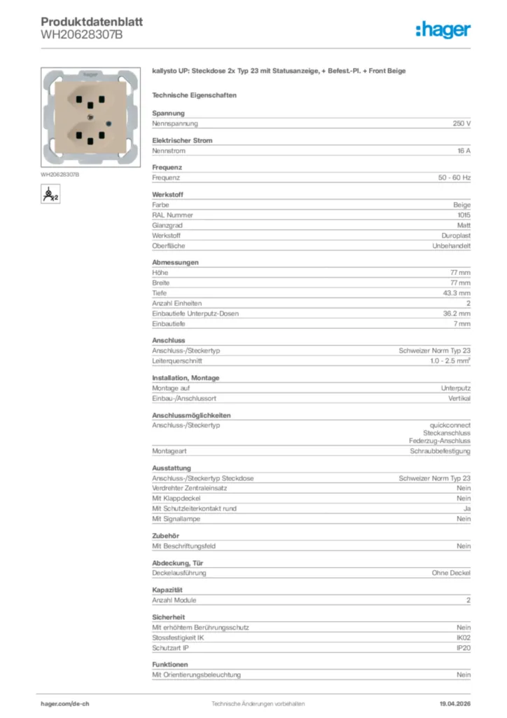 Bild Hager Produktdatenblatt WH20628307B | Hager Schweiz