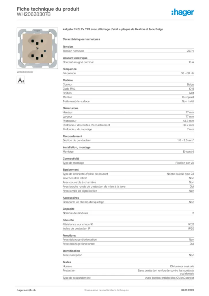 Image Hager Fiche technique du produit WH20628307B | Hager Suisse