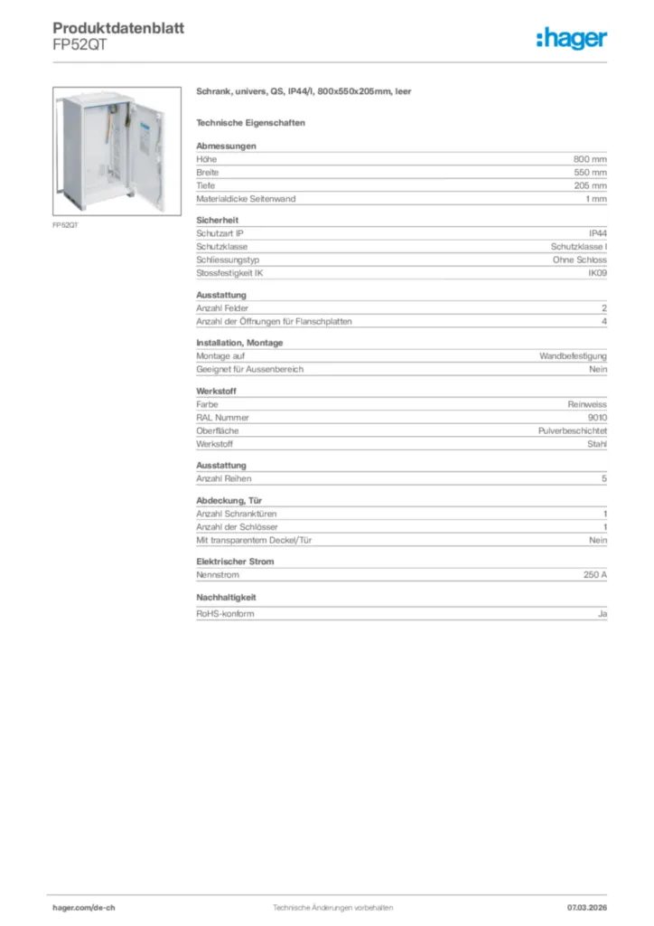 Bild Hager Produktdatenblatt FP52QT | Hager Schweiz