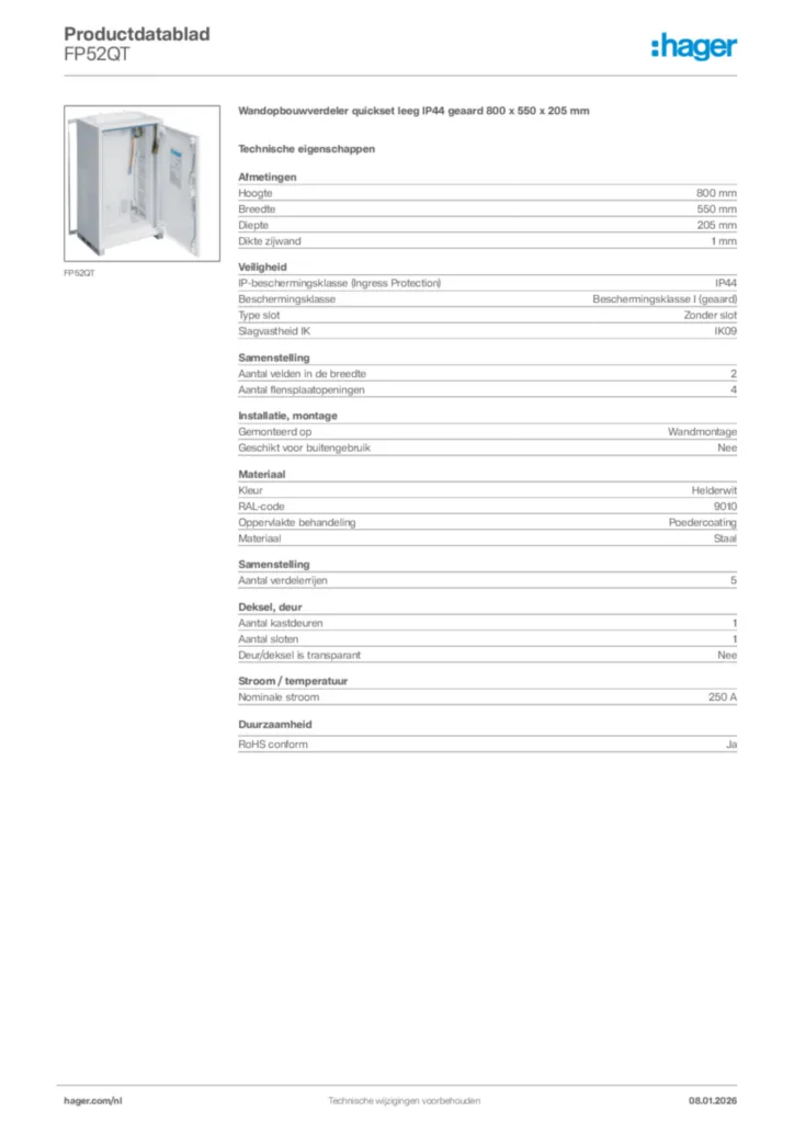 Afbeelding Hager Productdatablad FP52QT | Hager Nederland
