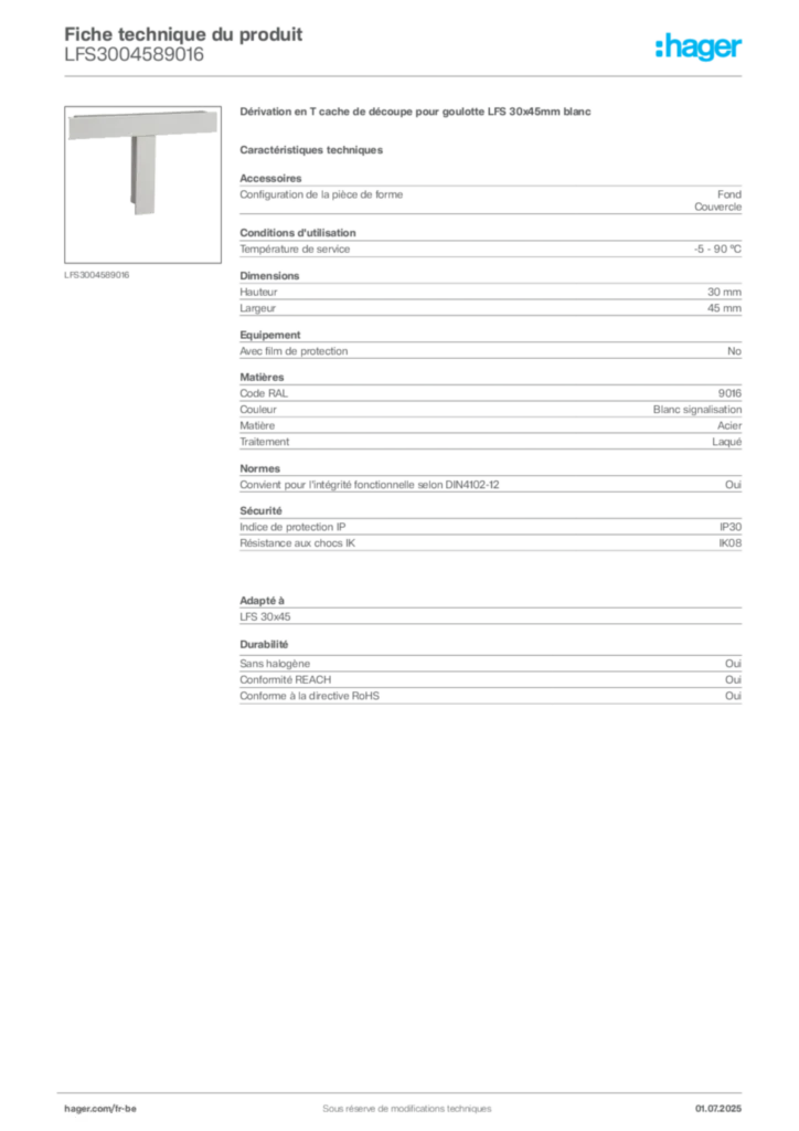 Image Hager Fiche technique du produit LFS3004589016 | Hager Belgique