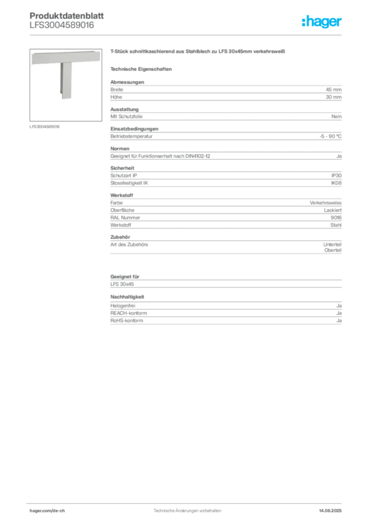 Bild Hager Produktdatenblatt LFS3004589016 | Hager Schweiz