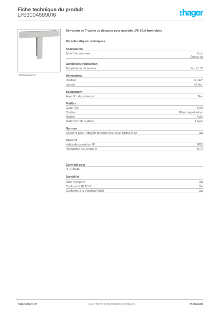Image Hager Fiche technique du produit LFS3004589016 | Hager Suisse