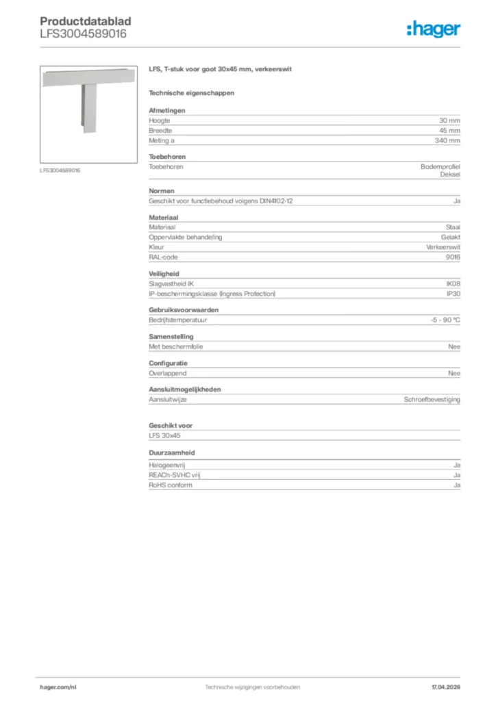 Afbeelding Hager Productdatablad LFS3004589016 | Hager Nederland
