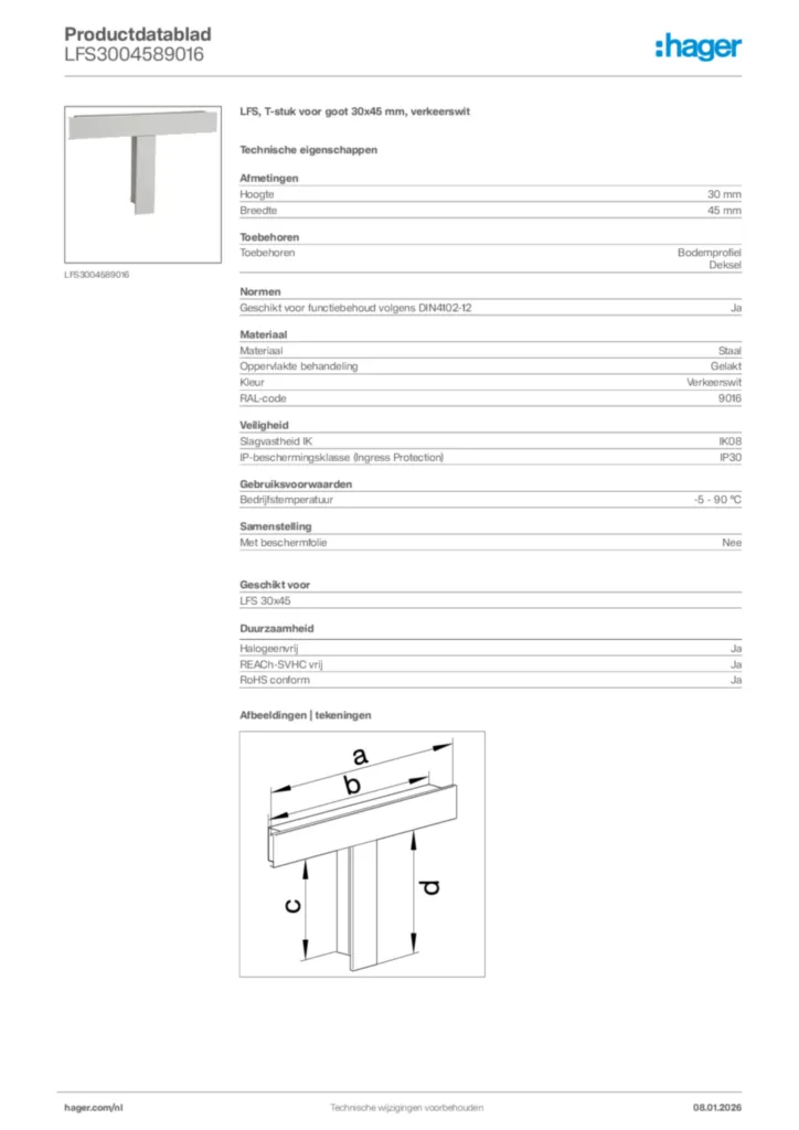 Afbeelding Hager Productdatablad LFS3004589016 | Hager Nederland