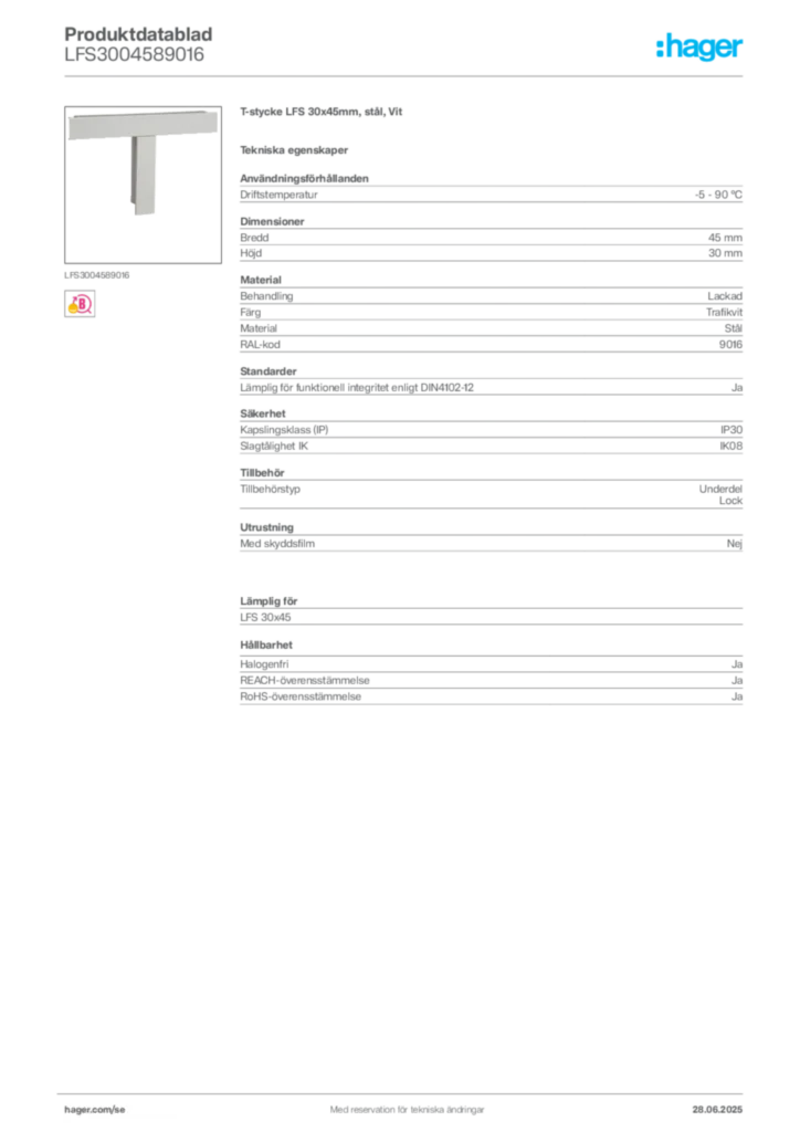 Bild Hager Produktdatablad LFS3004589016 | Hager Sverige