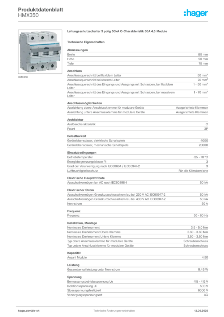 Bild Hager Produktdatenblatt HMX350 | Hager Schweiz