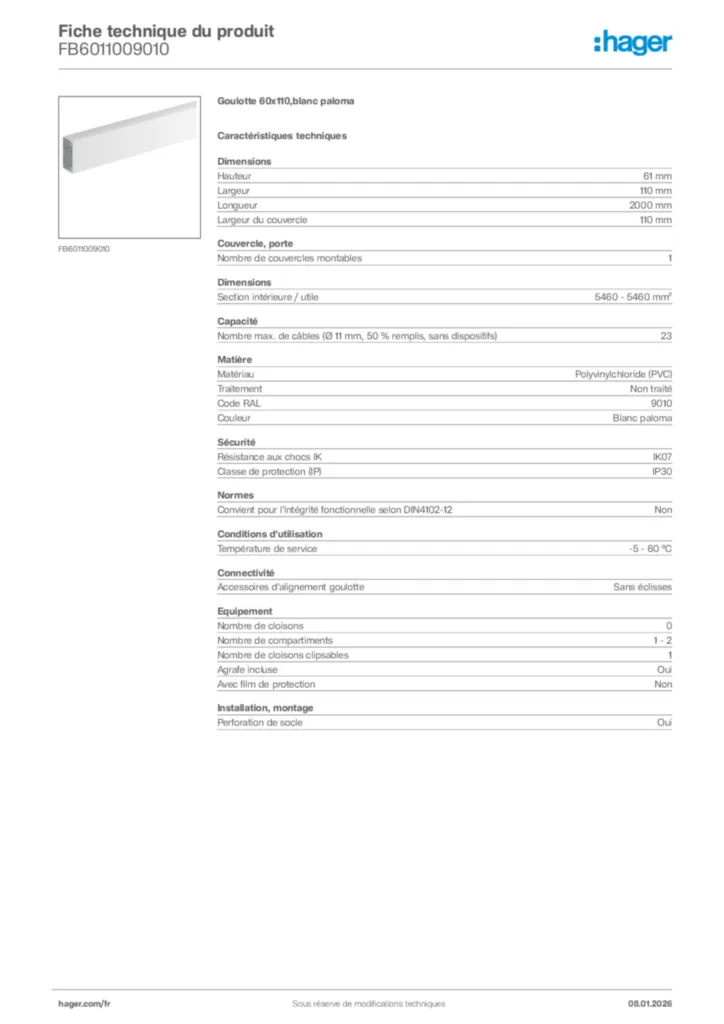 Image Hager Fiche technique du produit FB6011009010 | Hager France