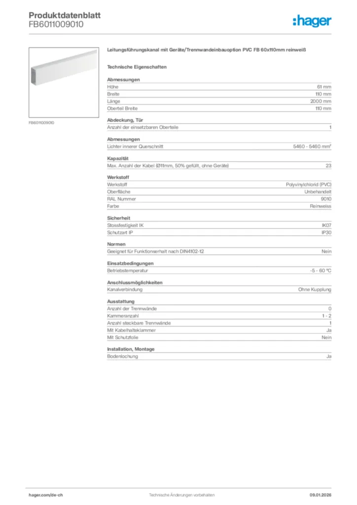 Bild Hager Produktdatenblatt FB6011009010 | Hager Schweiz