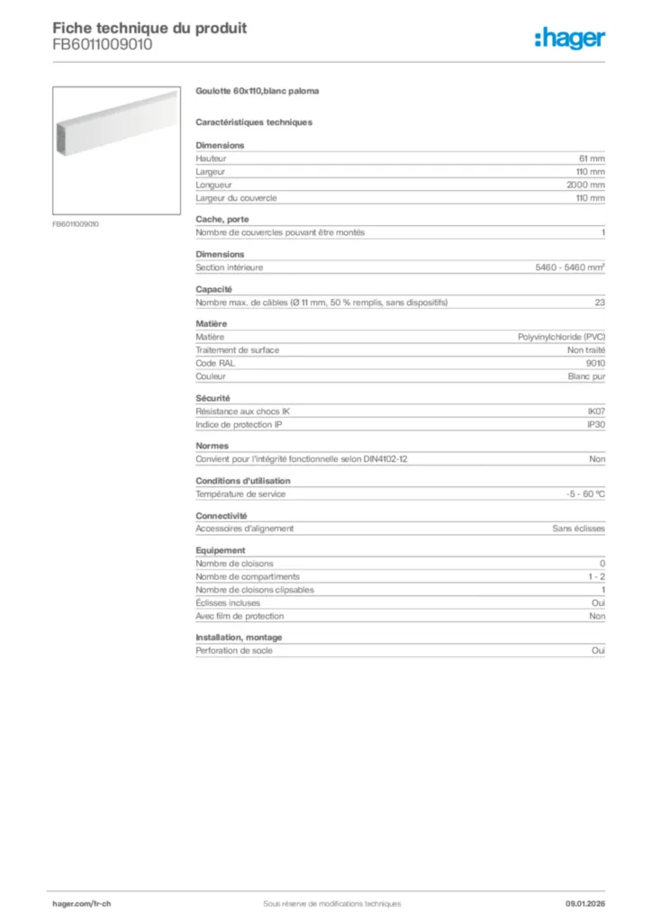 Image Hager Fiche technique du produit FB6011009010 | Hager Suisse