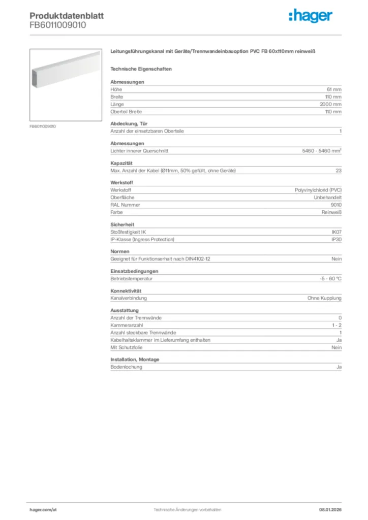 Bild Hager Produktdatenblatt FB6011009010 | Hager Deutschland