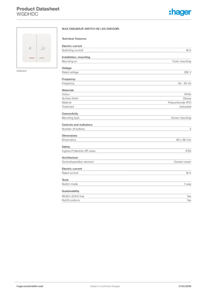 Image Hager Product data sheet WGDHDC  | Hager