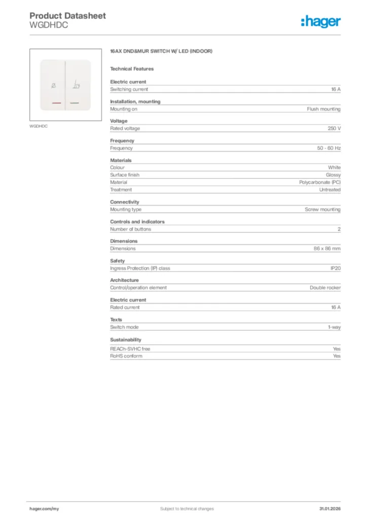 Image Hager Product data sheet WGDHDC  | Hager