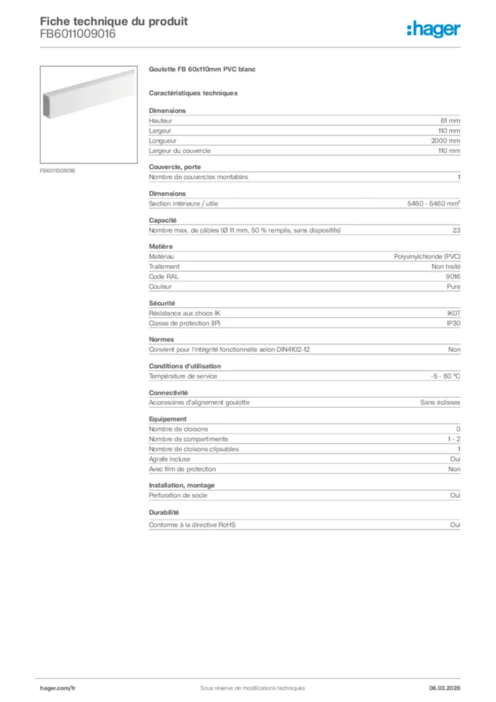 Image Hager Fiche technique du produit FB6011009016 | Hager France