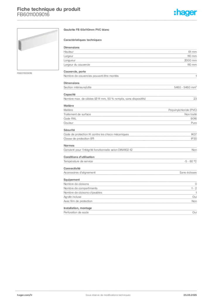 Image Hager Fiche technique du produit FB6011009016 | Hager France