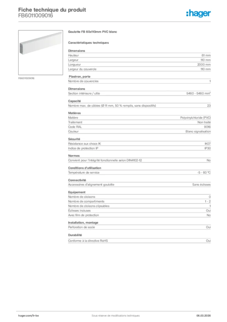 Image Hager Fiche technique du produit FB6011009016 | Hager Belgique