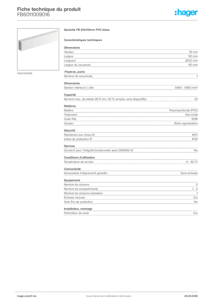 Image Hager Fiche technique du produit FB6011009016 | Hager Belgique