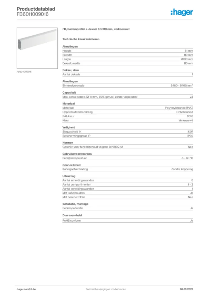 Afbeelding Hager Productdatablad FB6011009016 | Hager Belgium