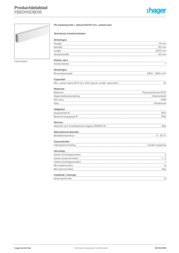 Afbeelding Hager Productdatablad FB6011009016 | Hager Belgium