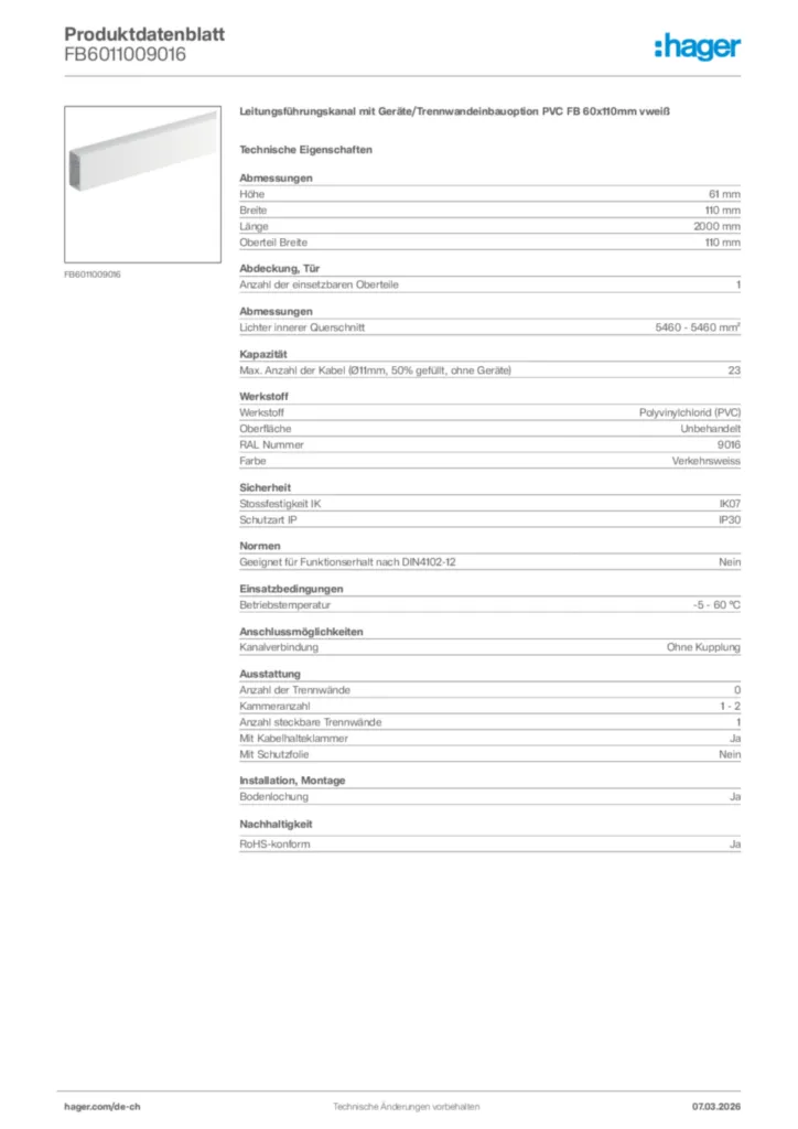 Bild Hager Produktdatenblatt FB6011009016 | Hager Schweiz