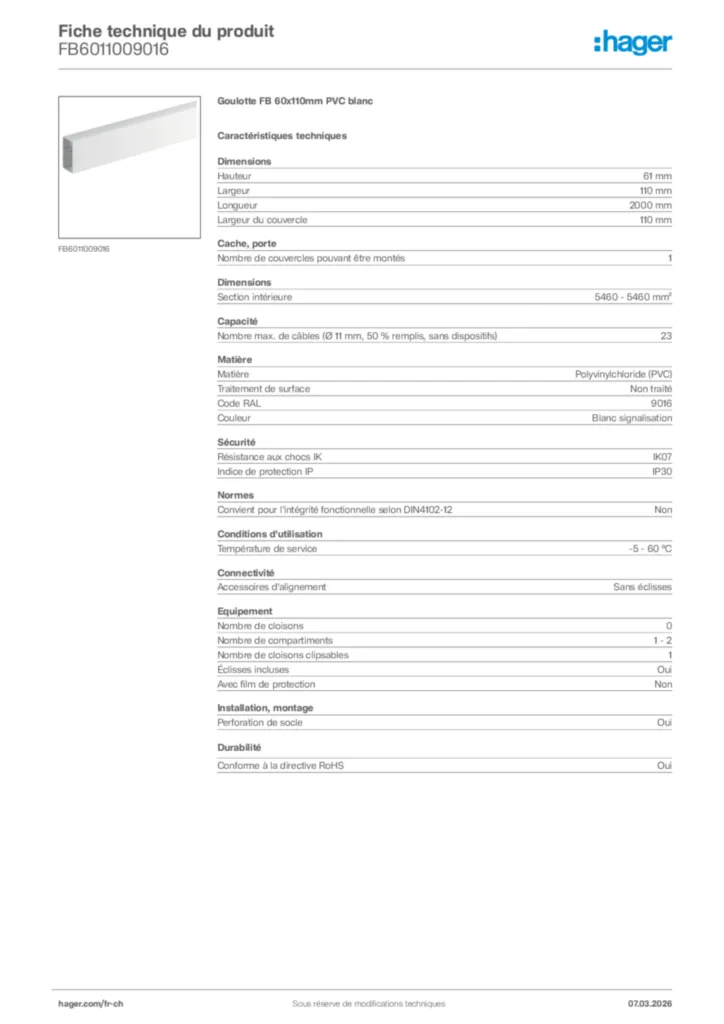 Image Hager Fiche technique du produit FB6011009016 | Hager Suisse