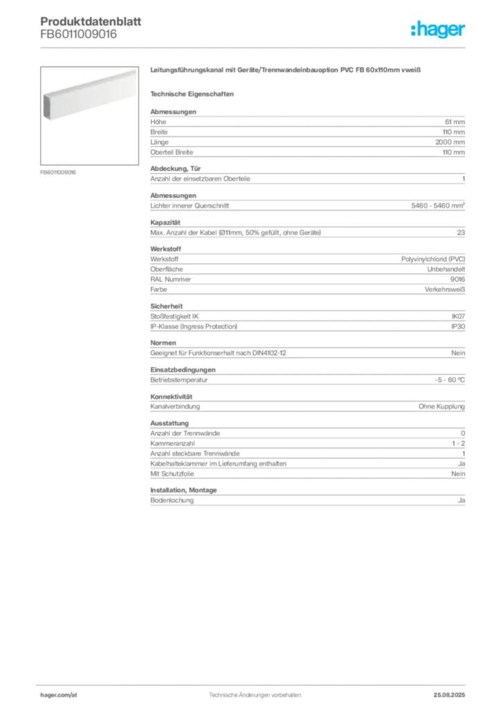 Bild Hager Produktdatenblatt FB6011009016 | Hager Deutschland
