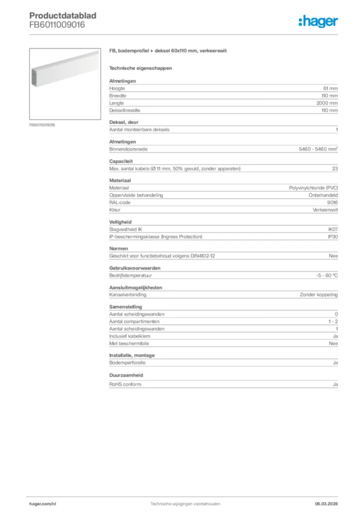 Afbeelding Hager Productdatablad FB6011009016 | Hager Nederland