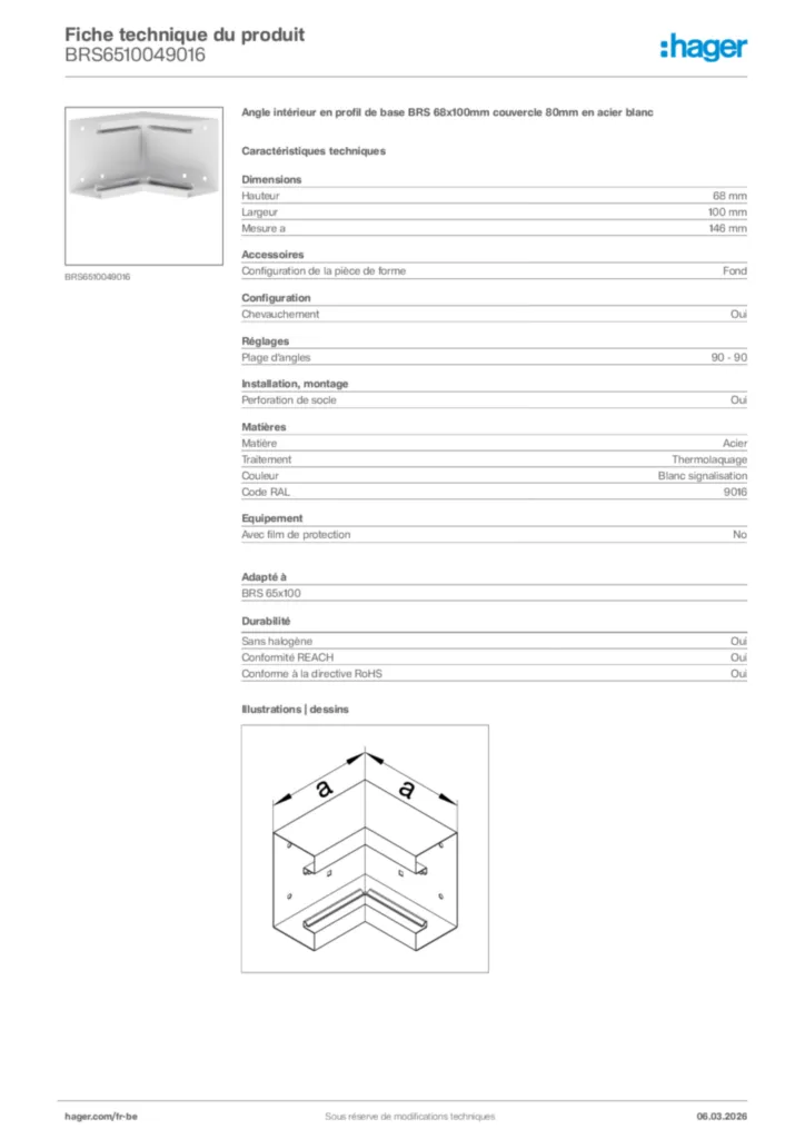 Image Hager Fiche technique du produit BRS6510049016 | Hager Belgique