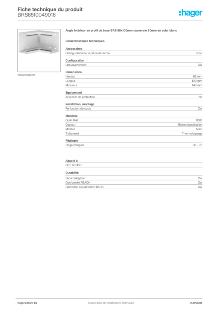 Image Hager Fiche technique du produit BRS6510049016 | Hager Belgique