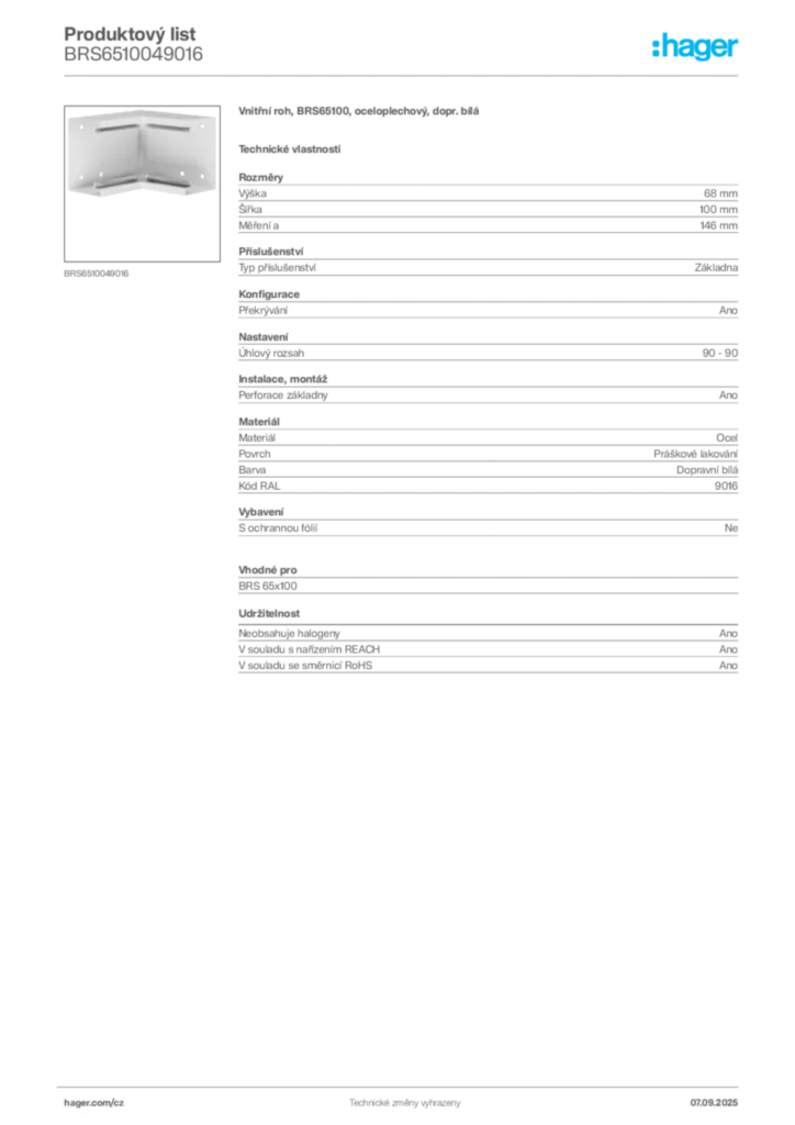 Obrázek Hager Produktový list BRS6510049016 | Hager