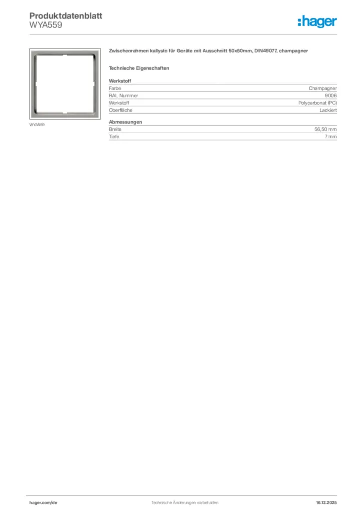 Bild Hager Produktdatenblatt WYA559 | Hager Deutschland