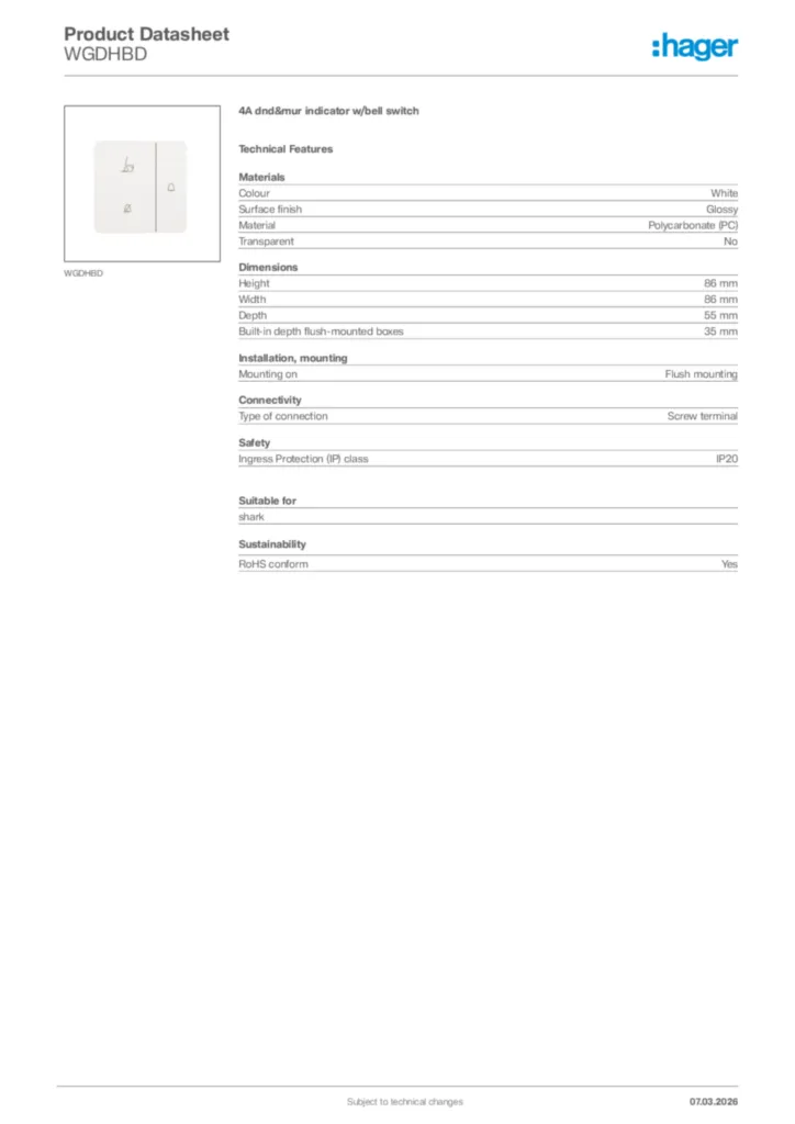 Image Hager Product data sheet WGDHBD  | Hager