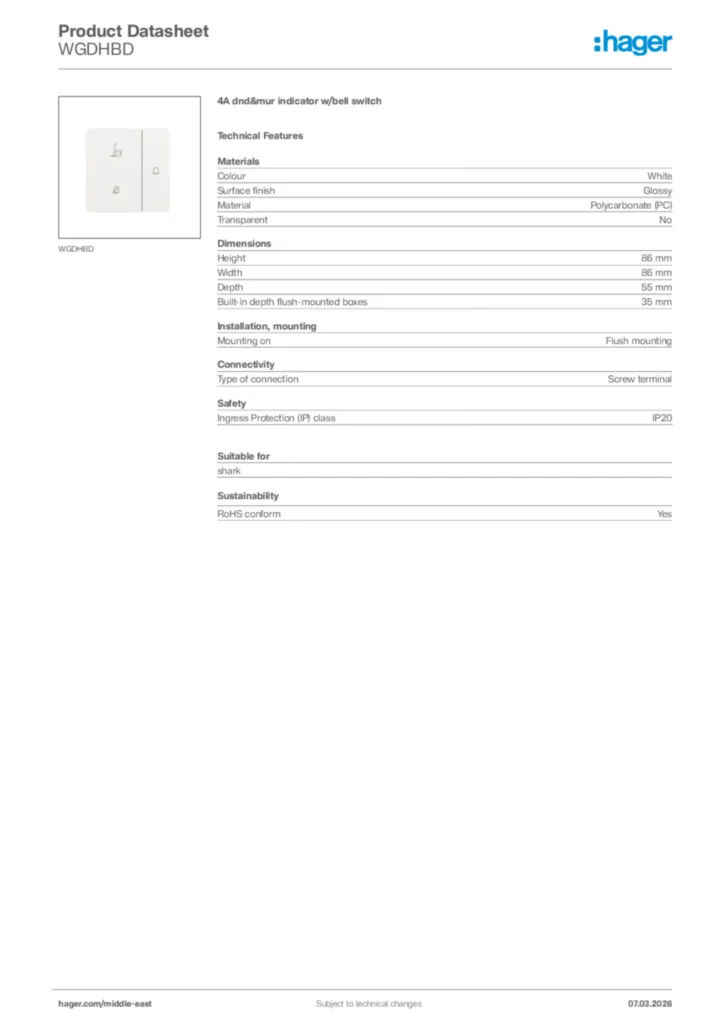 Image Hager Product data sheet WGDHBD  | Hager