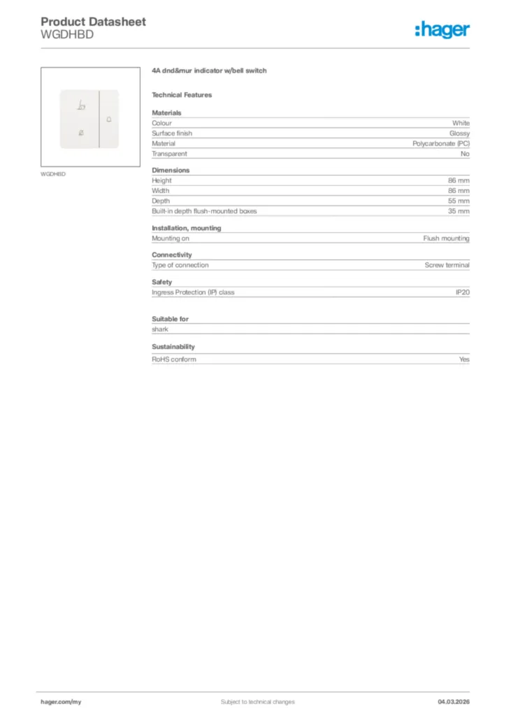 Image Hager Product data sheet WGDHBD  | Hager