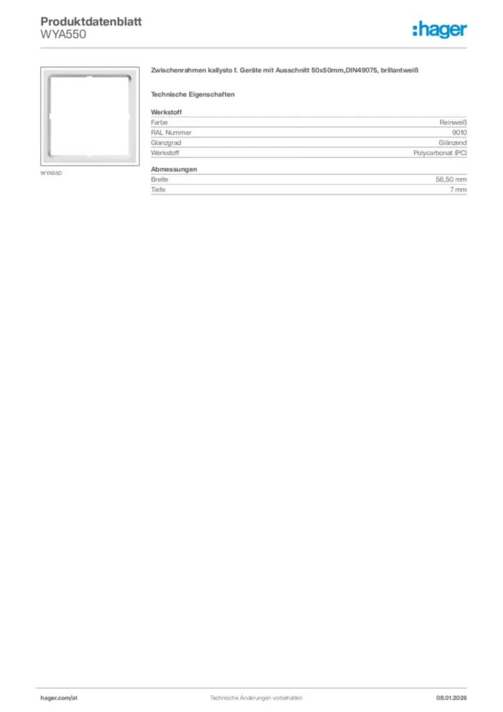 Bild Hager Produktdatenblatt WYA550 | Hager Deutschland