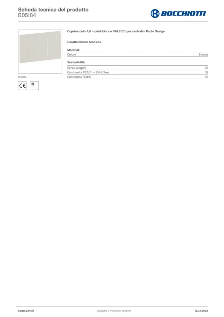 Immagine Bocchiotti Scheda tecnica del prodotto B05184 | Hager Italia