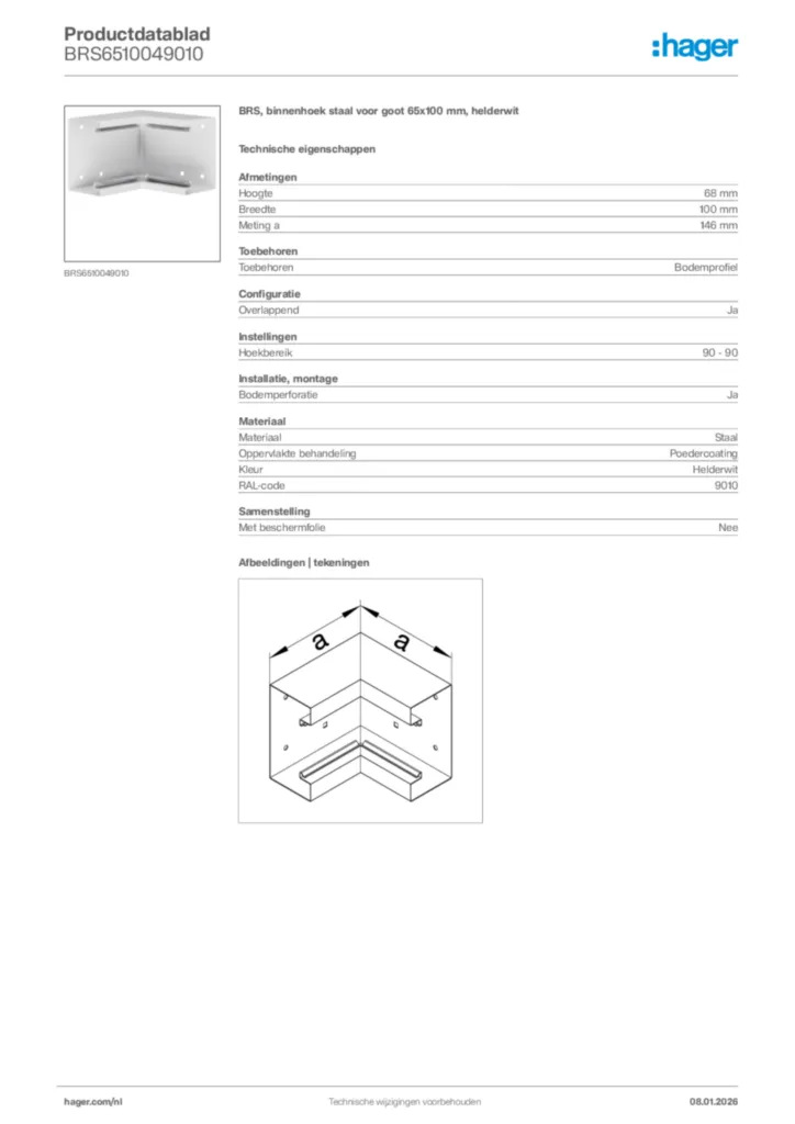 Afbeelding Hager Productdatablad BRS6510049010 | Hager Nederland
