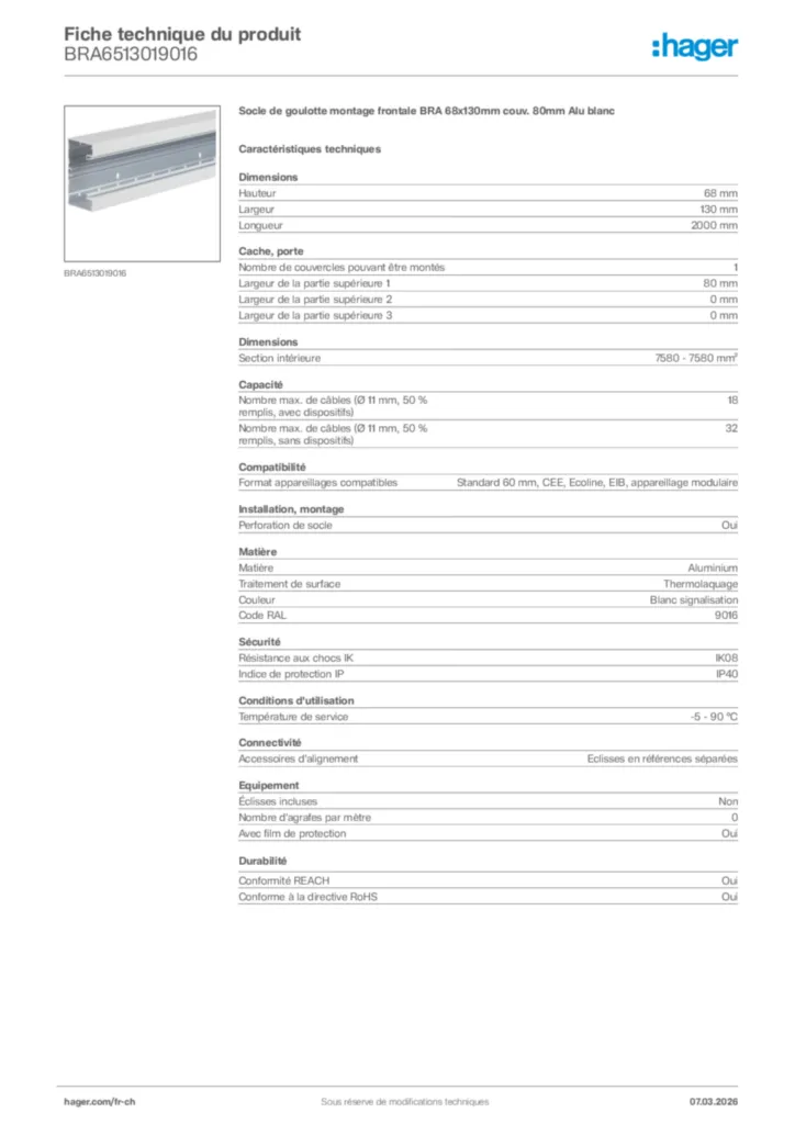 Image Hager Fiche technique du produit BRA6513019016 | Hager Suisse