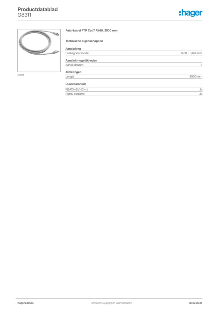 Afbeelding Hager Productdatablad G8311 | Hager Nederland