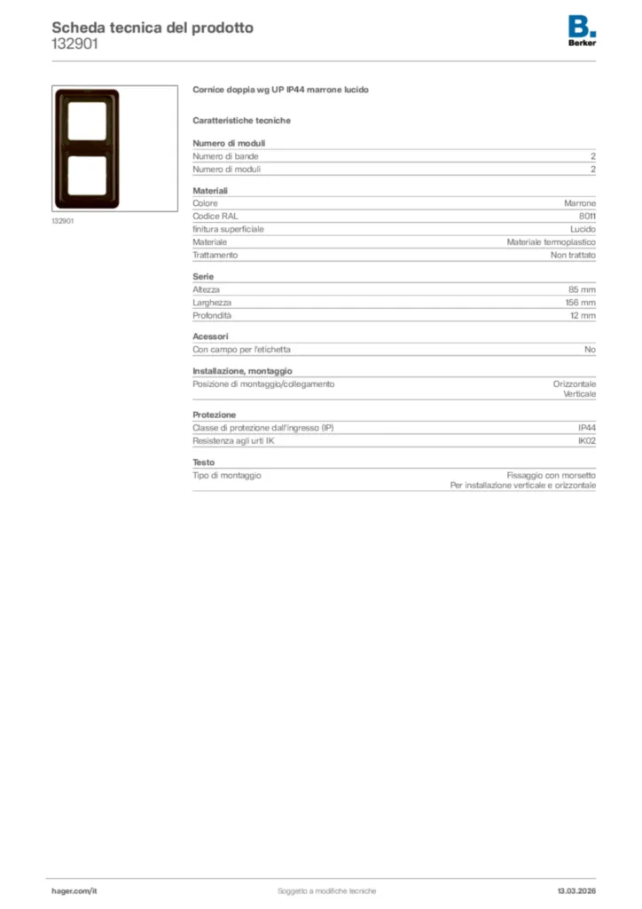 Immagine Berker Scheda tecnica del prodotto 132901 | Hager Italia