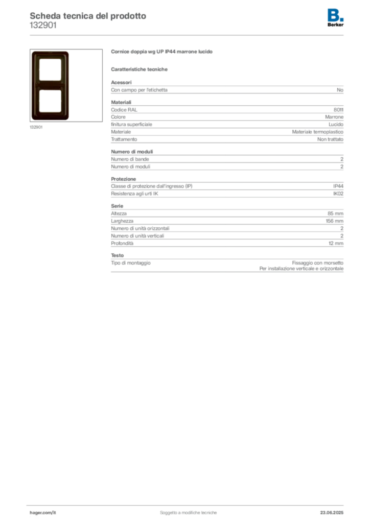 Immagine Berker Scheda tecnica del prodotto 132901 | Hager Italia