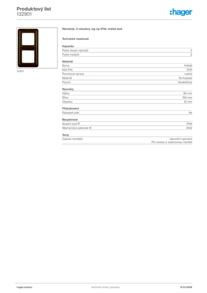 Obrázek Hager Product data sheet 132901 | Hager