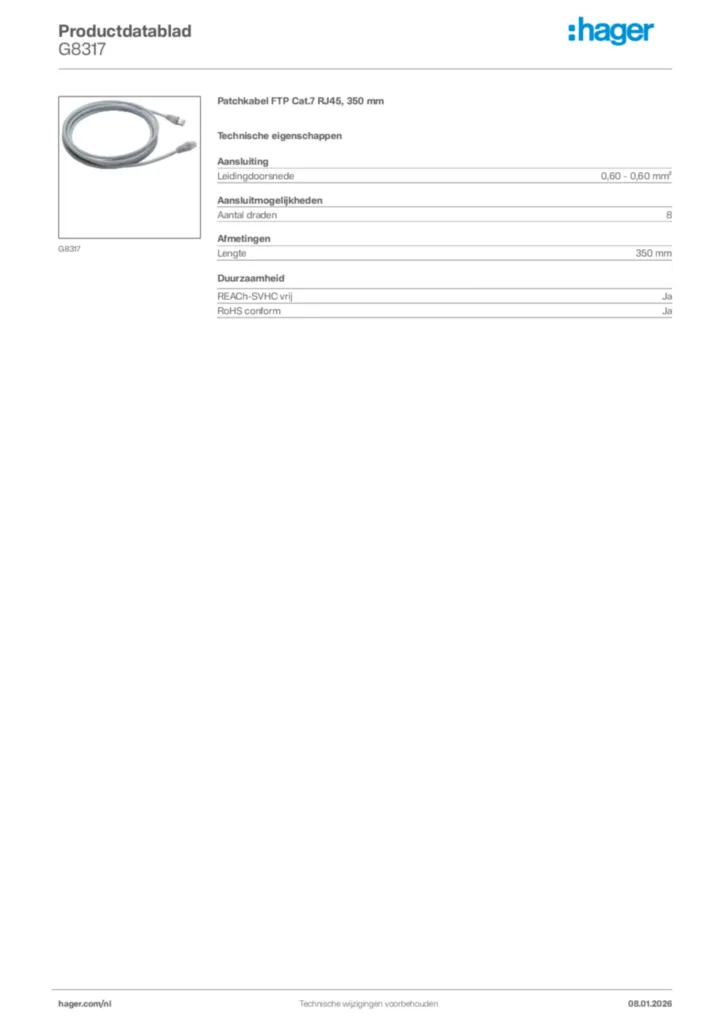 Afbeelding Hager Productdatablad G8317 | Hager Nederland