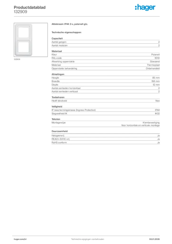 Afbeelding Hager Productdatablad 132909 | Hager Nederland