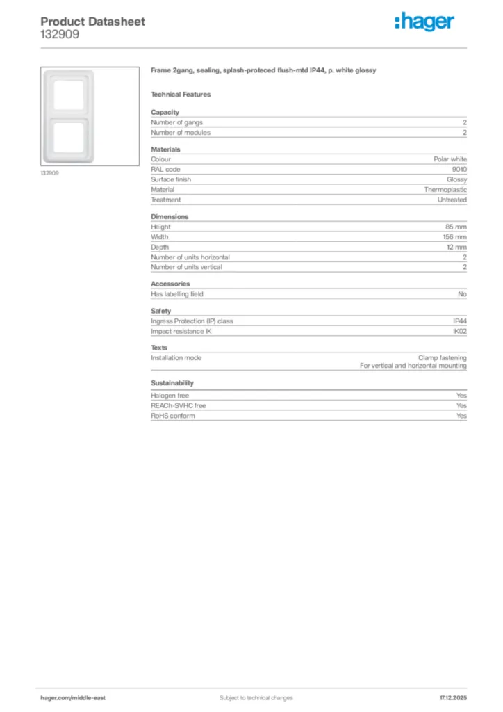 Image Hager Product data sheet 132909  | Hager
