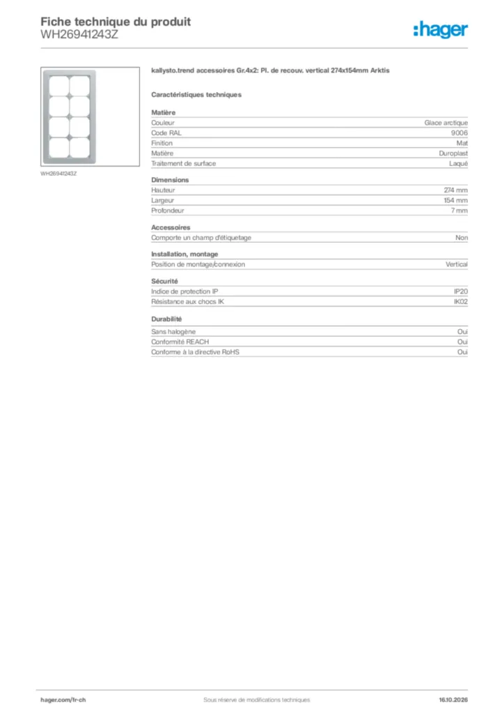 Image Hager Fiche technique du produit WH26941243Z | Hager Suisse