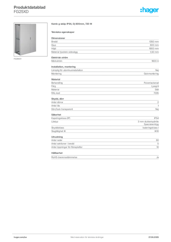 Bild Hager Produktdatablad FG25XD | Hager Sverige